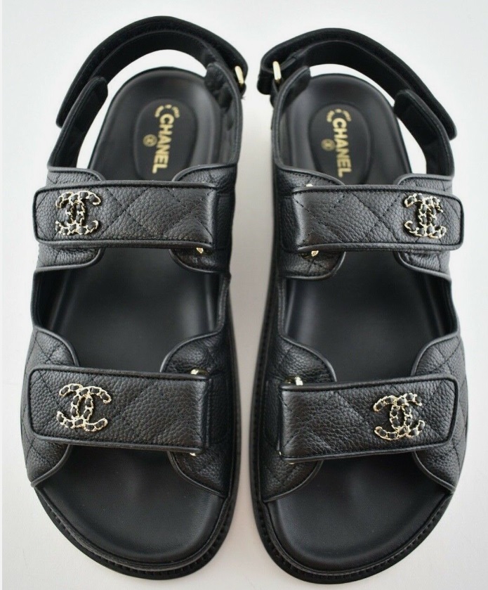 Ch*nel 21C Black Caviar Gold CC Logo Sandal